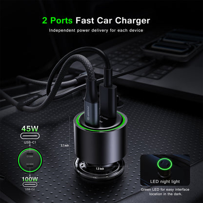 ESOULK 145W car charger plugged in, showing the 45W and 100W USB-C ports and green LED ring