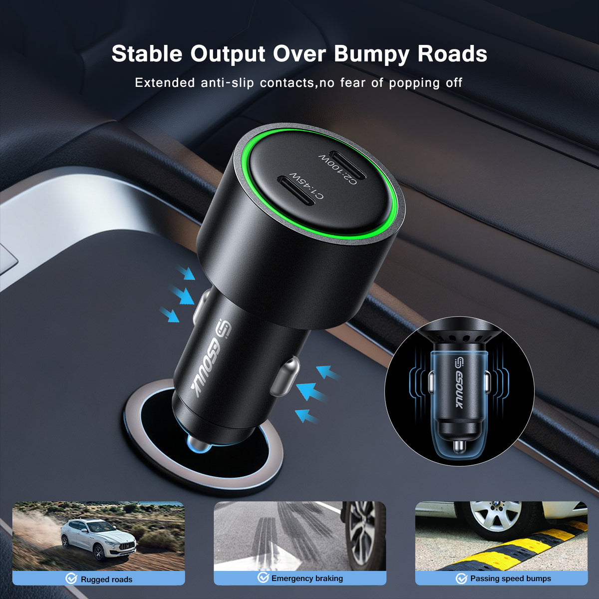 ESOULK 145W car charger in a 12V socket with extended anti-slip contacts for bumpy roads