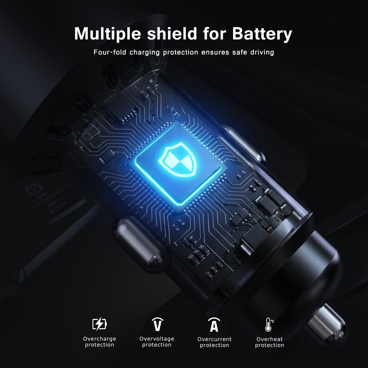 Infographic: four-fold protection against overcharge, overvoltage, overcurrent and overheating