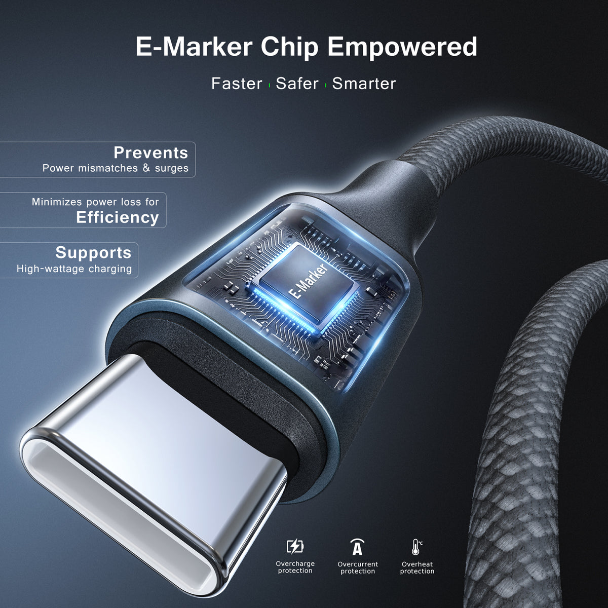 Close-up of the E-Marker chip in the 100W USB-C cable connector