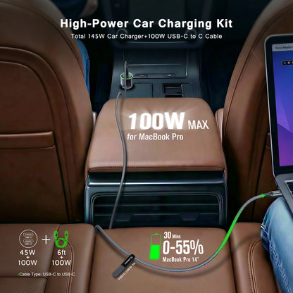ESOULK 145W car charger powering a MacBook Pro from the center console with the 6ft cable