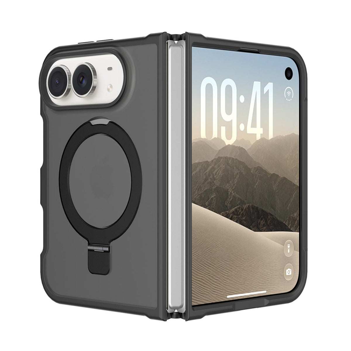 Black frosted MagSafe case with ring kickstand on an iPhone Duo, open