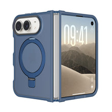 Blue frosted MagSafe case with ring kickstand on an iPhone Duo, open