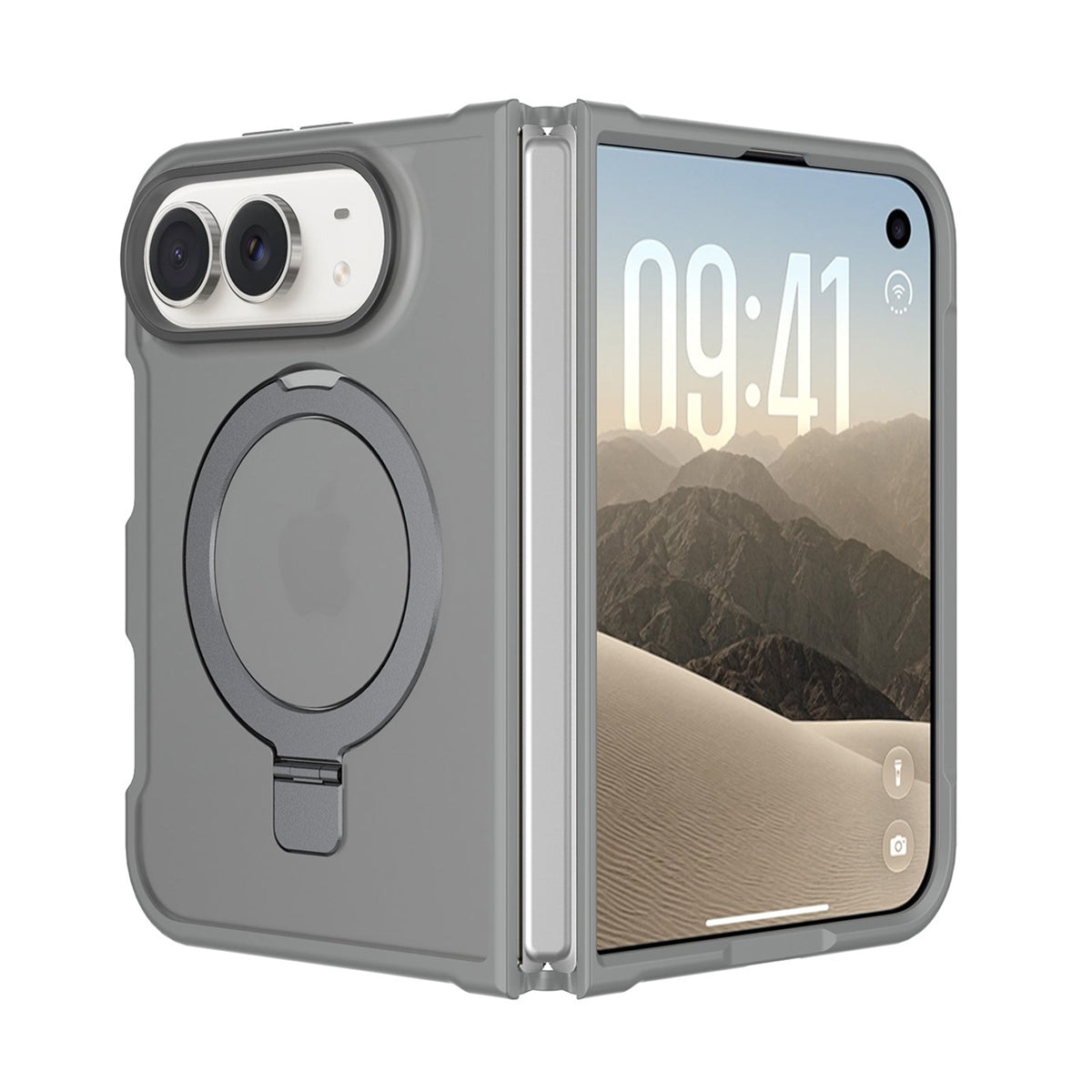 Gray frosted MagSafe case with ring kickstand on an iPhone Duo, open