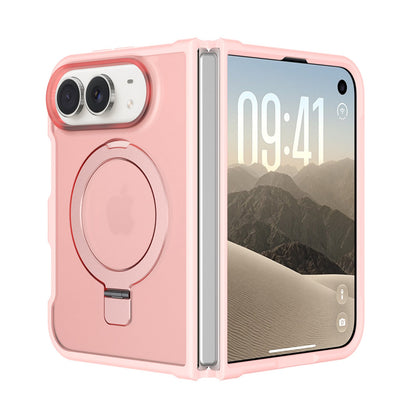 Pink frosted MagSafe case with ring kickstand on an iPhone Duo, open