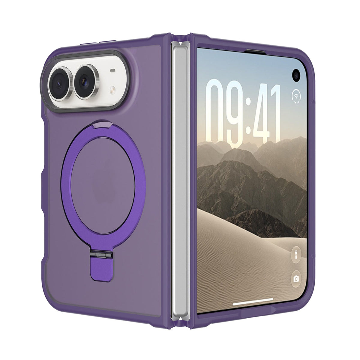 Purple frosted MagSafe case with ring kickstand on an iPhone Duo, open