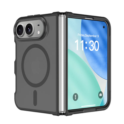 Black frosted matte MagSafe case with color bumper on an iPhone Duo, open