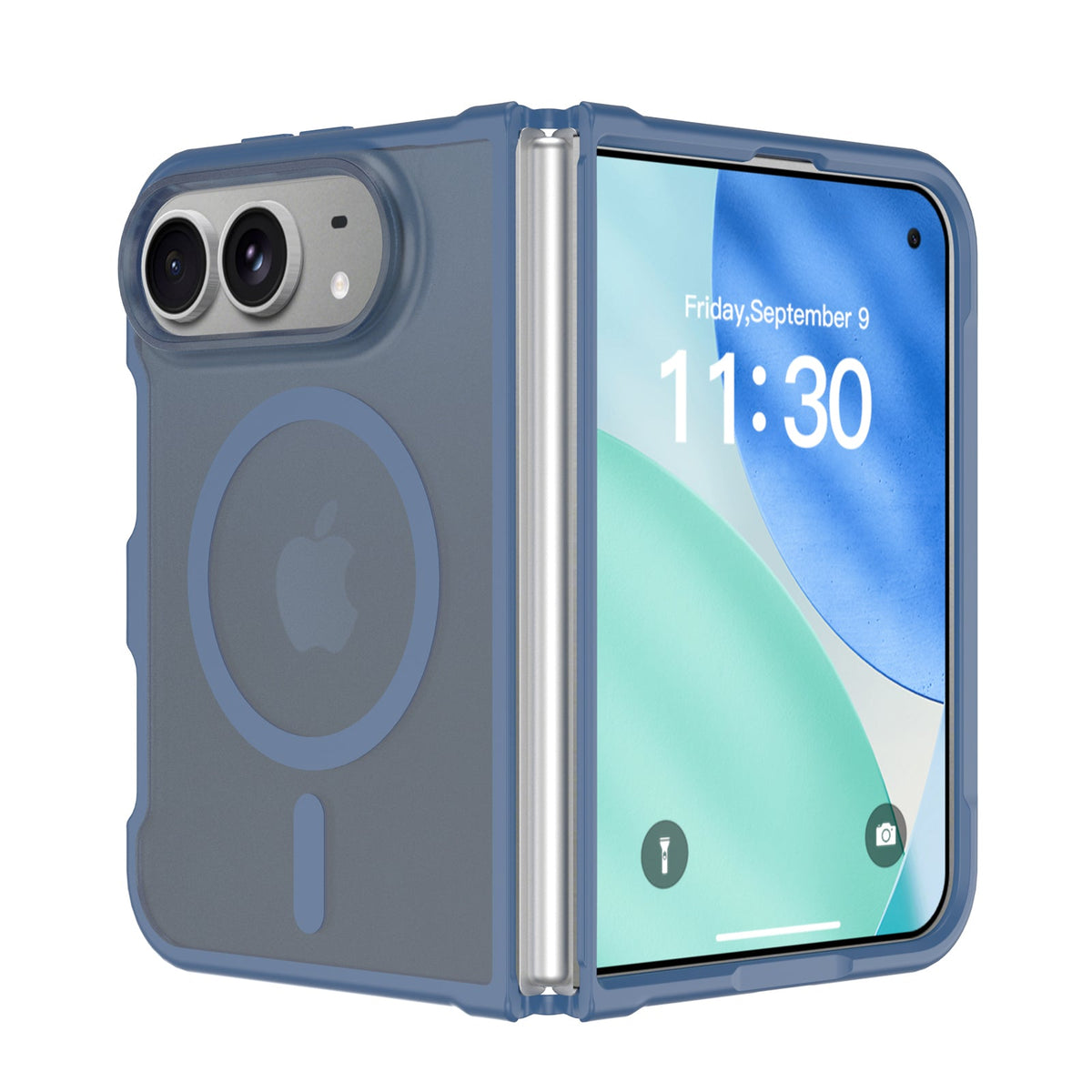 Blue frosted matte MagSafe case with color bumper on an iPhone Duo, open