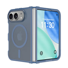 Blue frosted matte MagSafe case with color bumper on an iPhone Duo, open