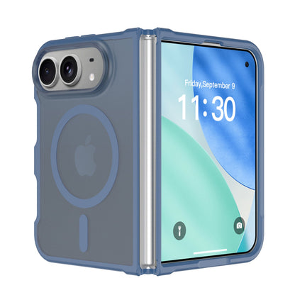 Blue frosted matte MagSafe case with color bumper on an iPhone Duo, open