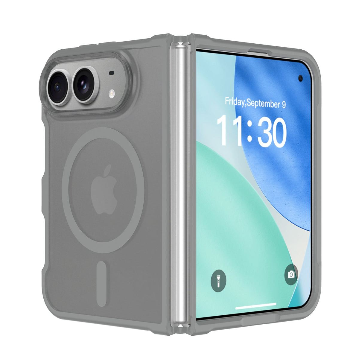 Gray frosted matte MagSafe case with color bumper on an iPhone Duo, open