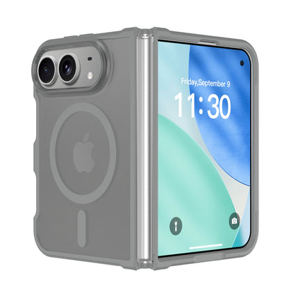 Gray frosted matte MagSafe case with color bumper on an iPhone Duo, open