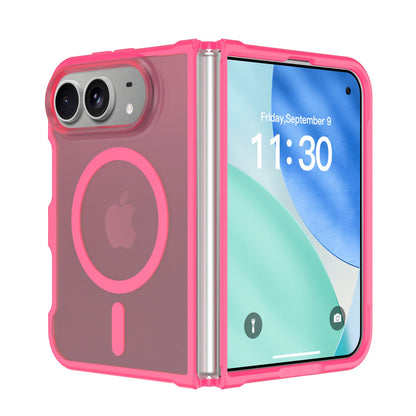Pink frosted matte MagSafe case with color bumper on an iPhone Duo, open