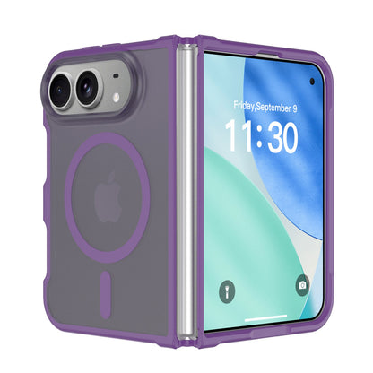 Purple frosted matte MagSafe case with color bumper on an iPhone Duo, open