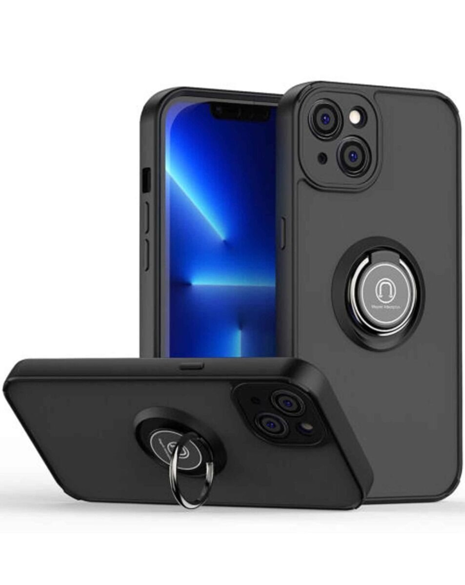 Hard PC Rear / Soft TPU Colorful Border Case with I-ring Holder - Black for iPhone 15 Pro Max Phone Case - Pro iPhone Repair