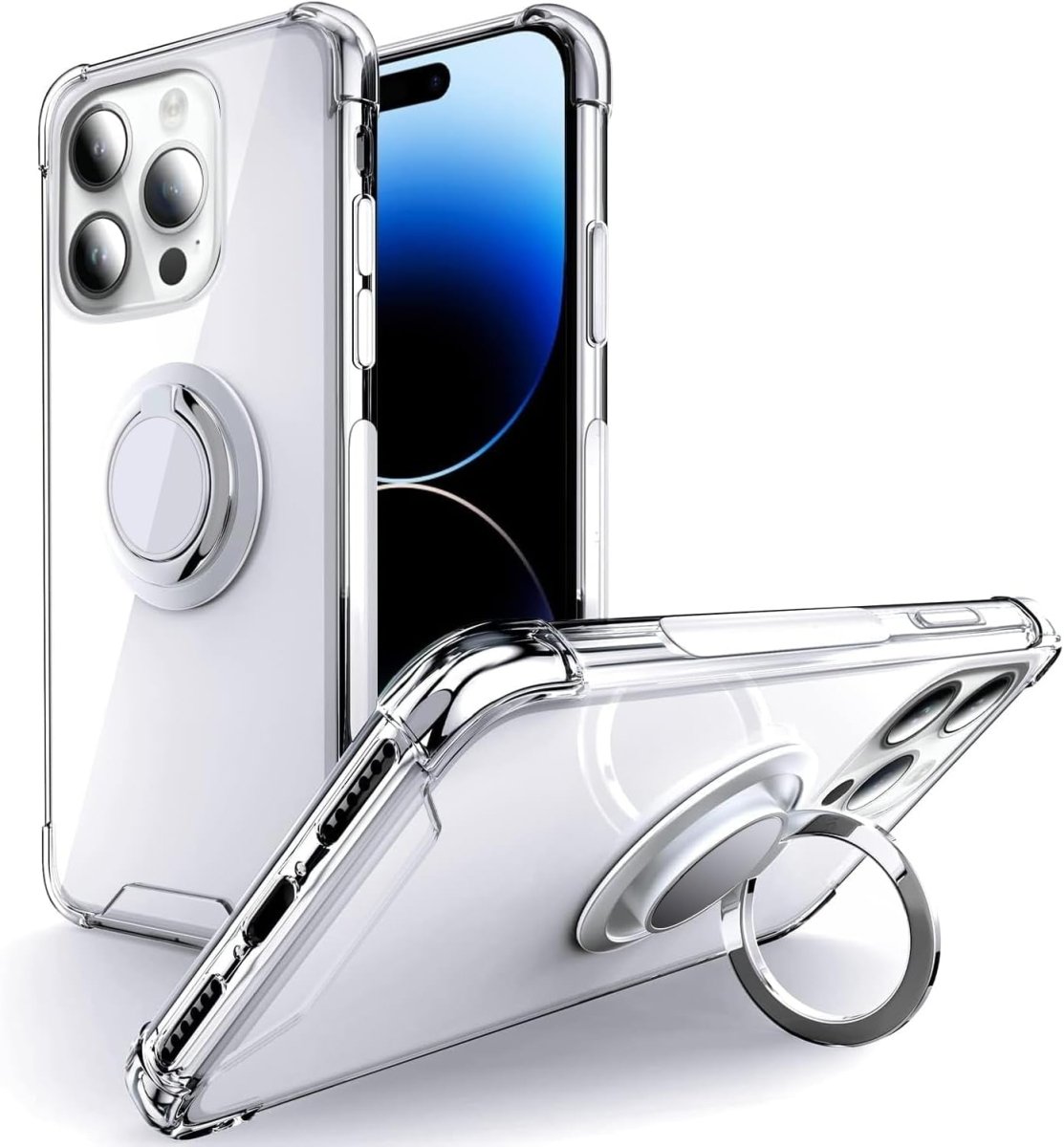 Hard PC Rear / Soft TPU Colorful Border Case with I-ring Holder - Clear for iPhone 14 Pro Max Phone Case - Pro iPhone Repair