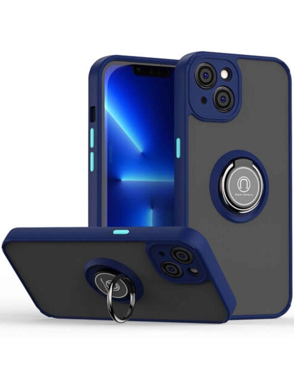 Hard PC Rear / Soft TPU Colorful Border Case with I-ring Holder - Navy Blue for iPhone 15 Pro Max Phone Case - Pro iPhone Repair