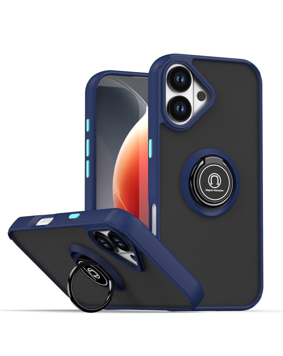 Hard PC Rear / Soft TPU Colorful Border Case with I-ring Holder - Navy Blue for iPhone 17 Phone Case - Pro iPhone Repair
