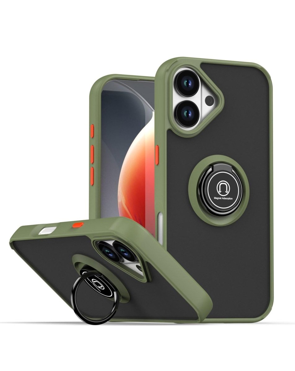 Hard PC Rear / Soft TPU Colorful Border Case with I-ring Holder - Navy Green for iPhone 17 Phone Case - Pro iPhone Repair