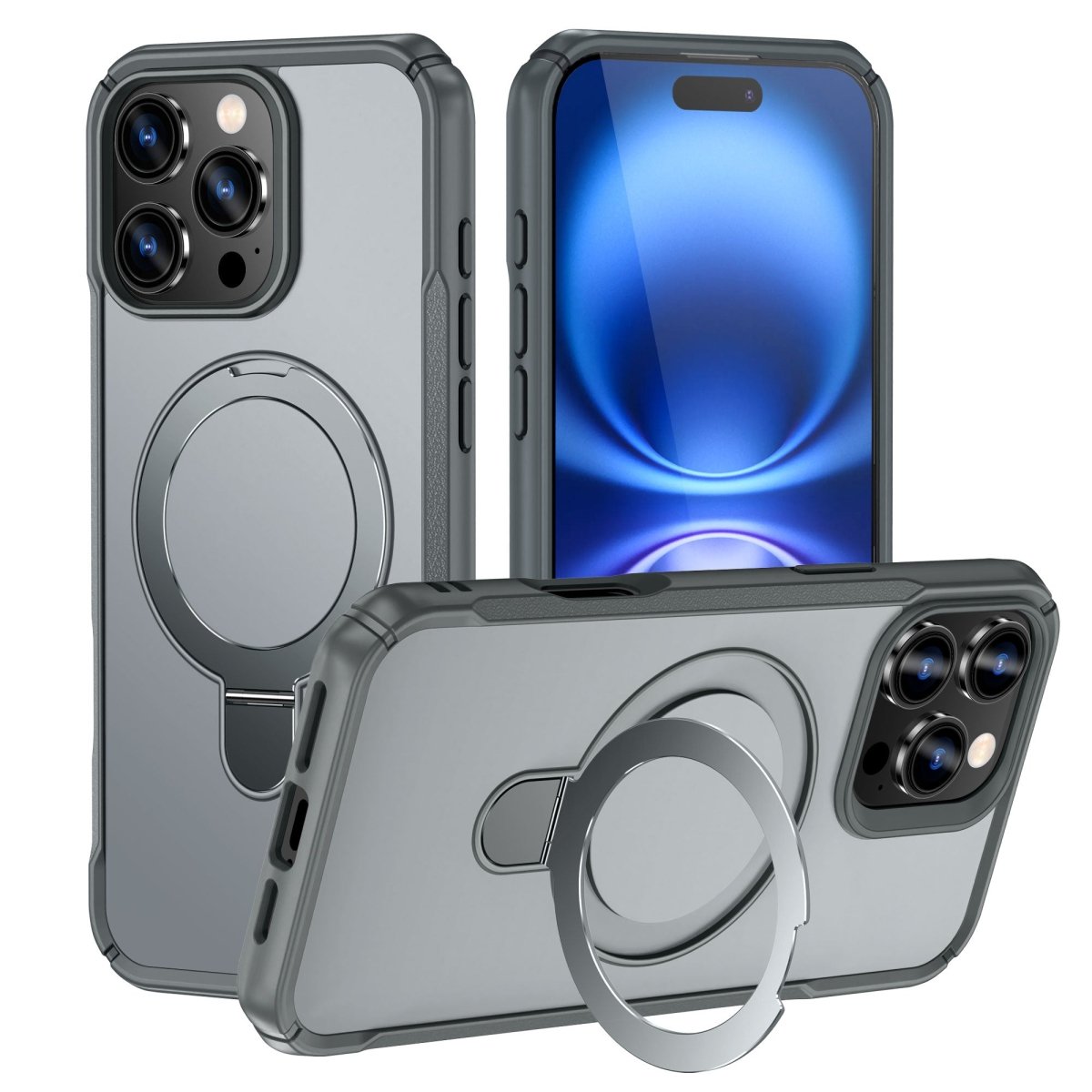Heavy Duty MagSafe Case with 360° Ring Kickstand - Gray for iPhone 15 Pro Max Phone Case - Pro iPhone Repair