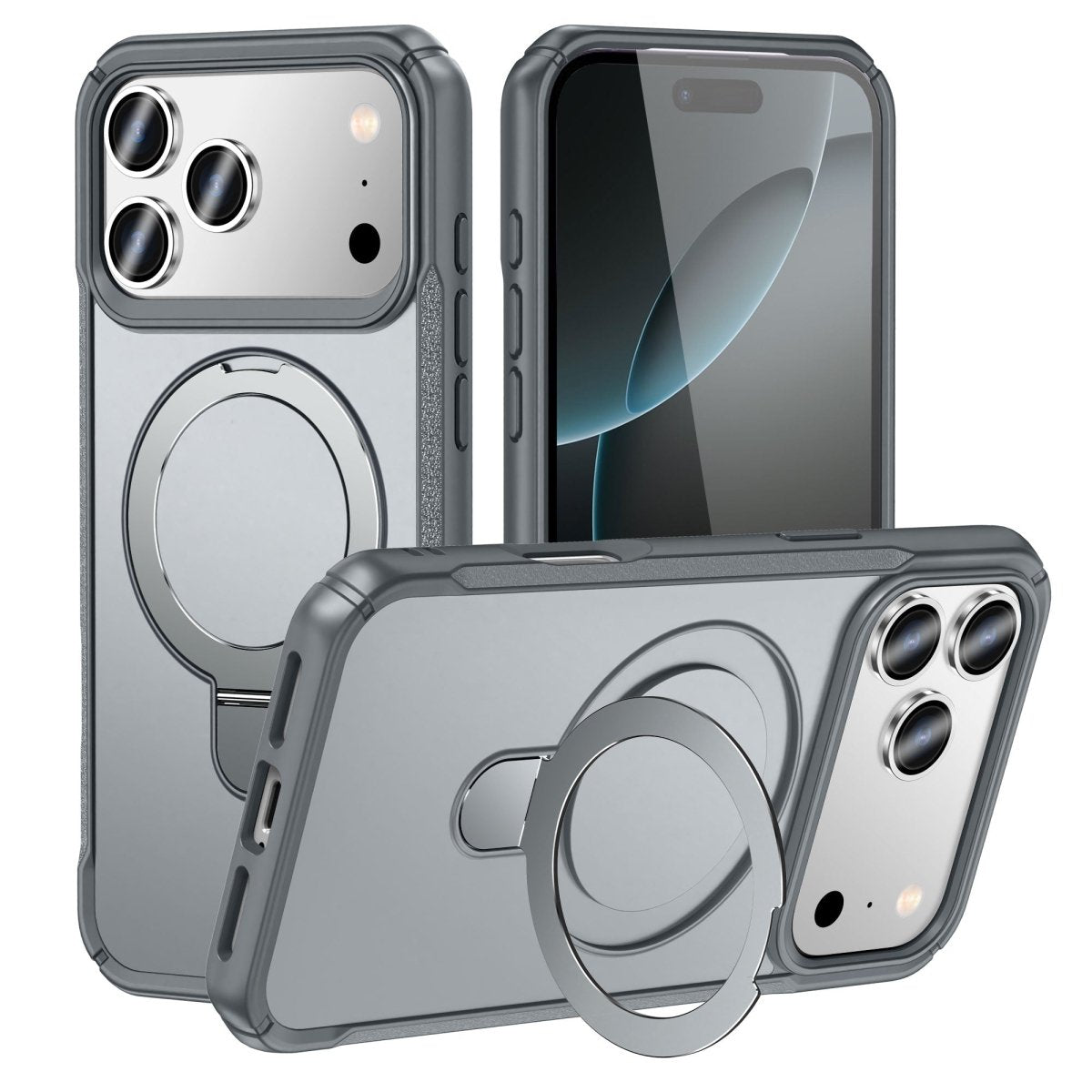 Heavy Duty MagSafe Case with 360° Ring Kickstand - Gray for iPhone 17 Pro / 18 Pro Phone Case - Pro iPhone Repair