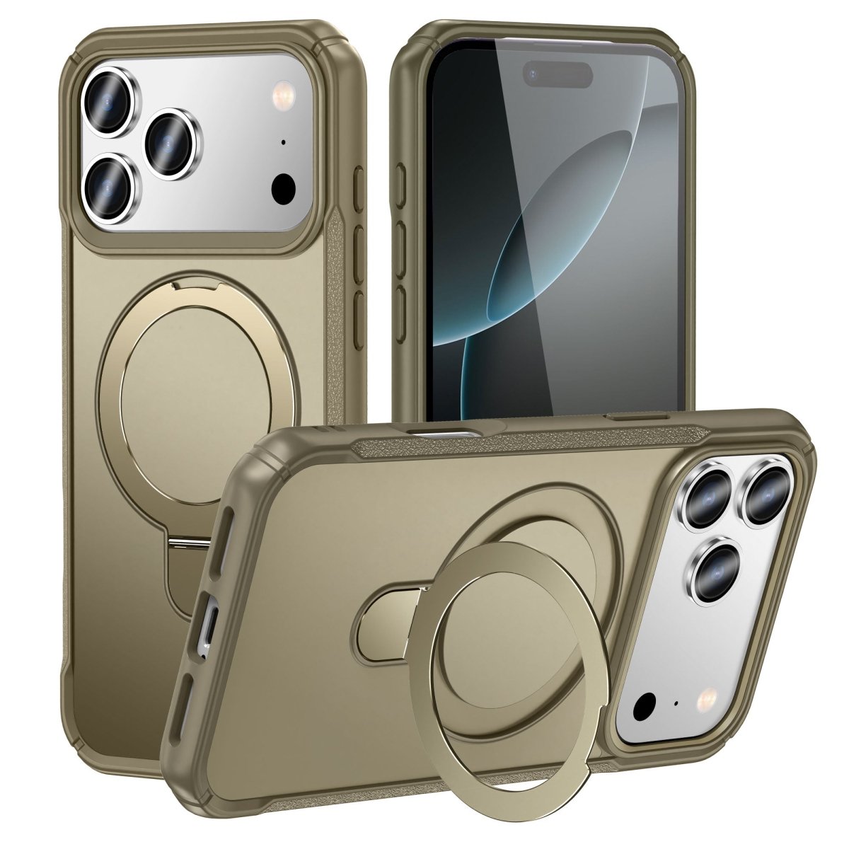 Heavy Duty MagSafe Case with 360° Ring Kickstand - Khaki for iPhone 17 Pro Max / 18 Pro Max Phone Case - Pro iPhone Repair