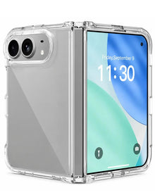 Ultra glossy clear two-piece protector case for iPhone Duo, shown open and folded