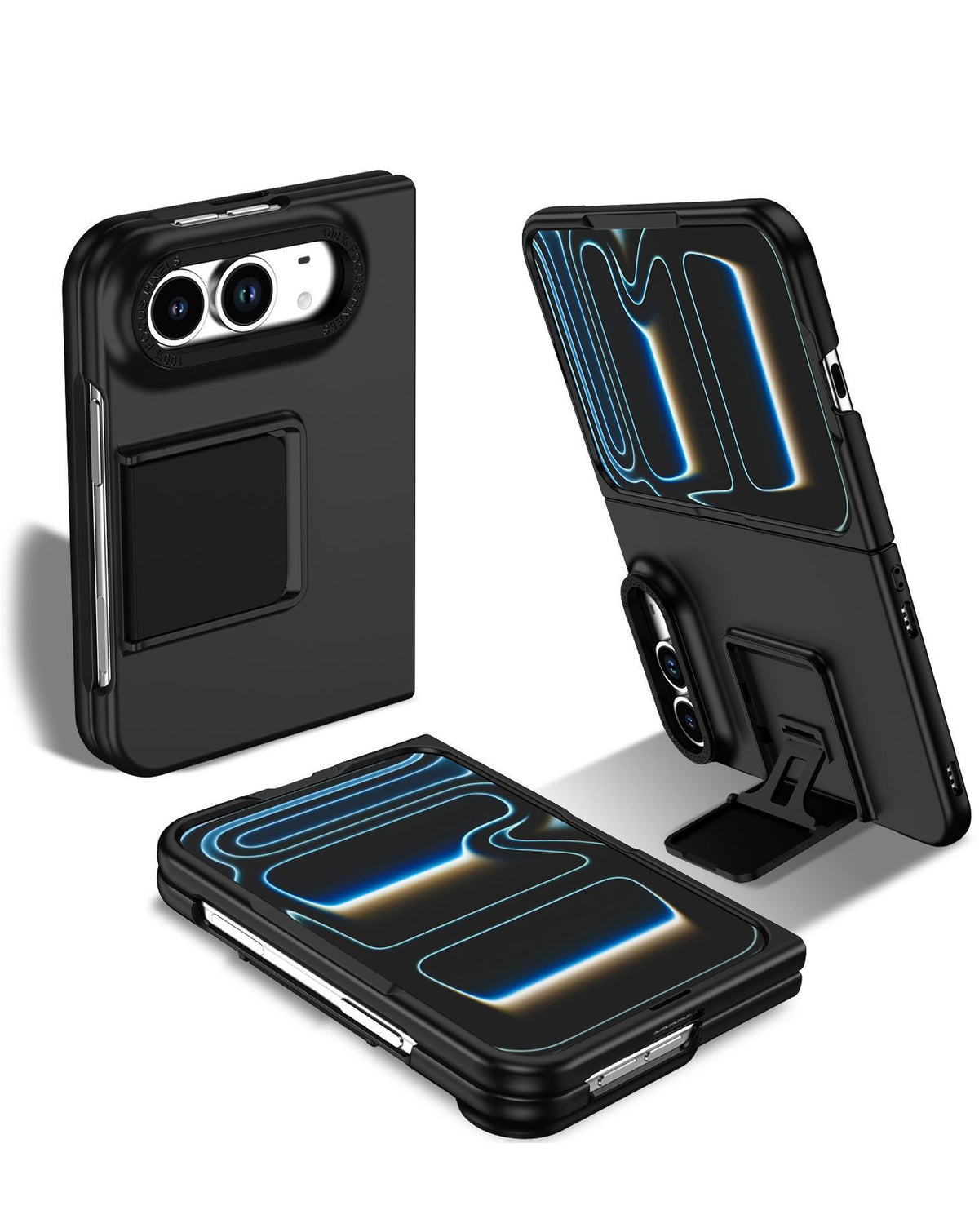 Black square kickstand case for iPhone Duo, shown open, closed and on its kickstand
