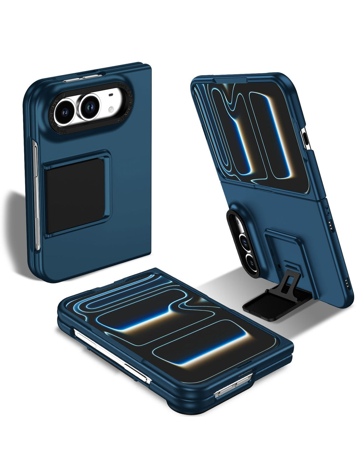 Navy Blue square kickstand case for iPhone Duo, shown open, closed and on its kickstand