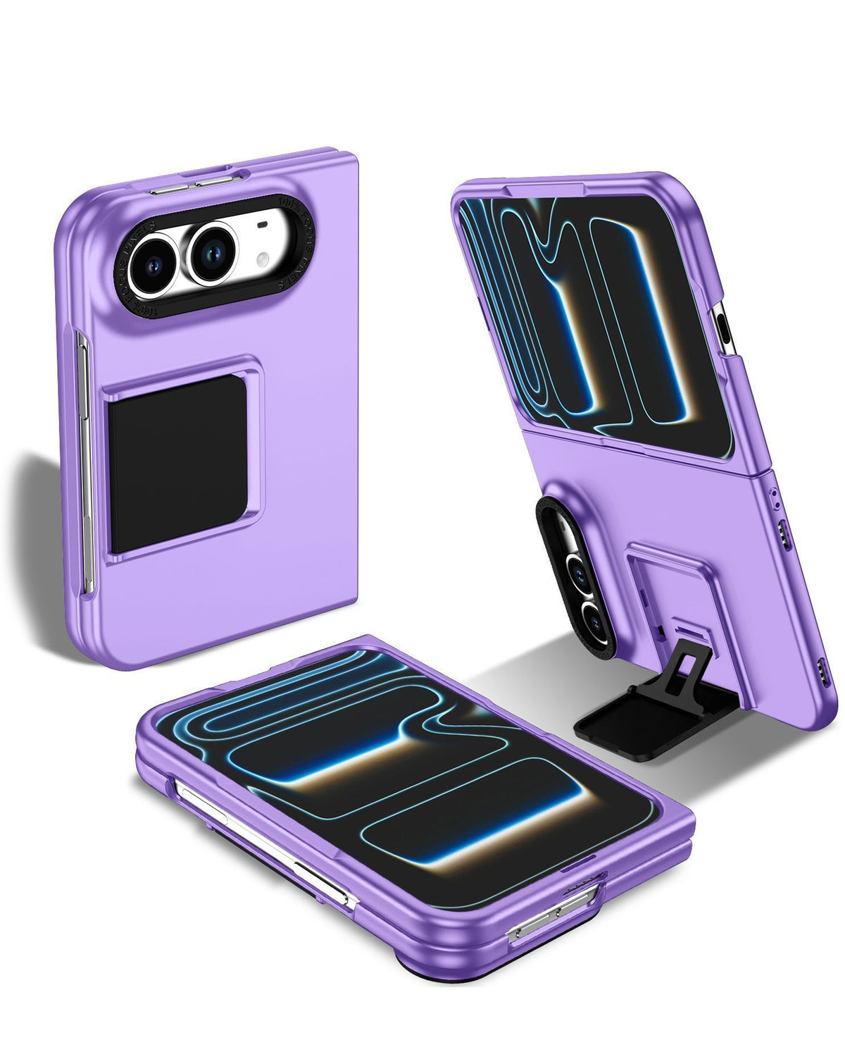 Purple square kickstand case for iPhone Duo, shown open, closed and on its kickstand