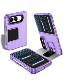 Purple square kickstand case for iPhone Duo, shown open, closed and on its kickstand
