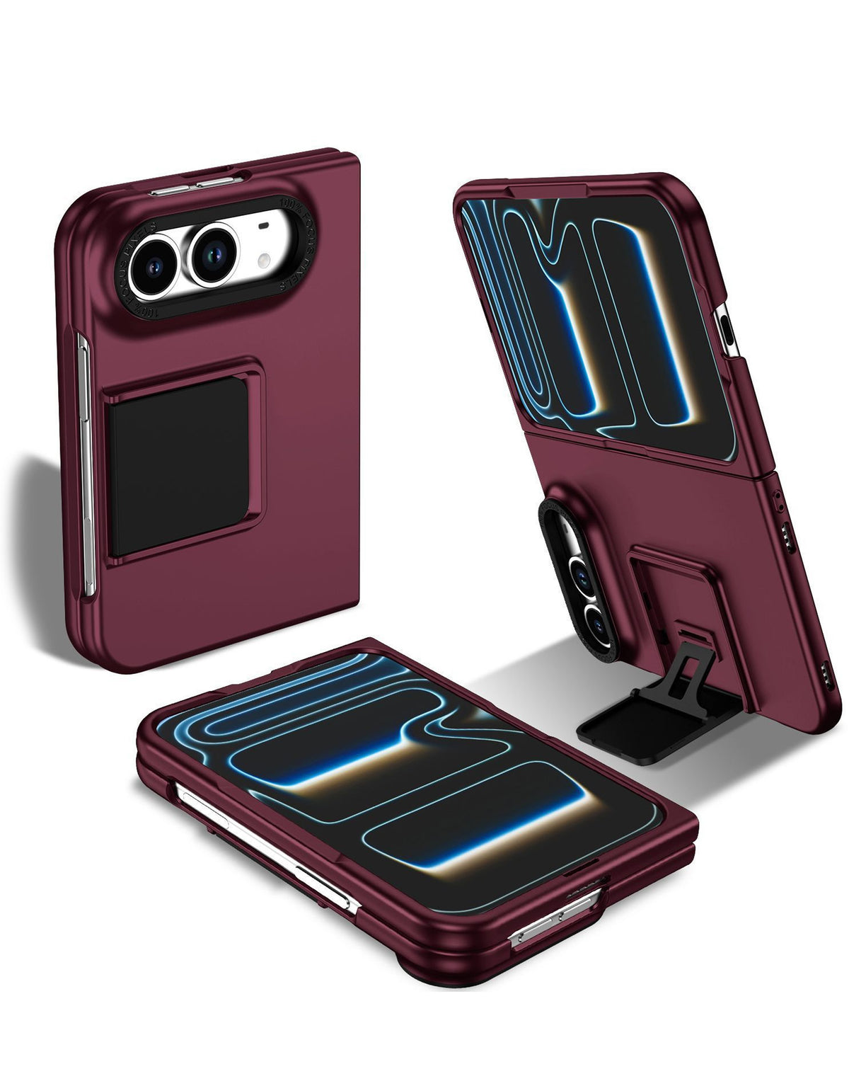 Burgundy square kickstand case for iPhone Duo, shown open, closed and on its kickstand