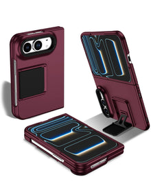 Burgundy square kickstand case for iPhone Duo, shown open, closed and on its kickstand