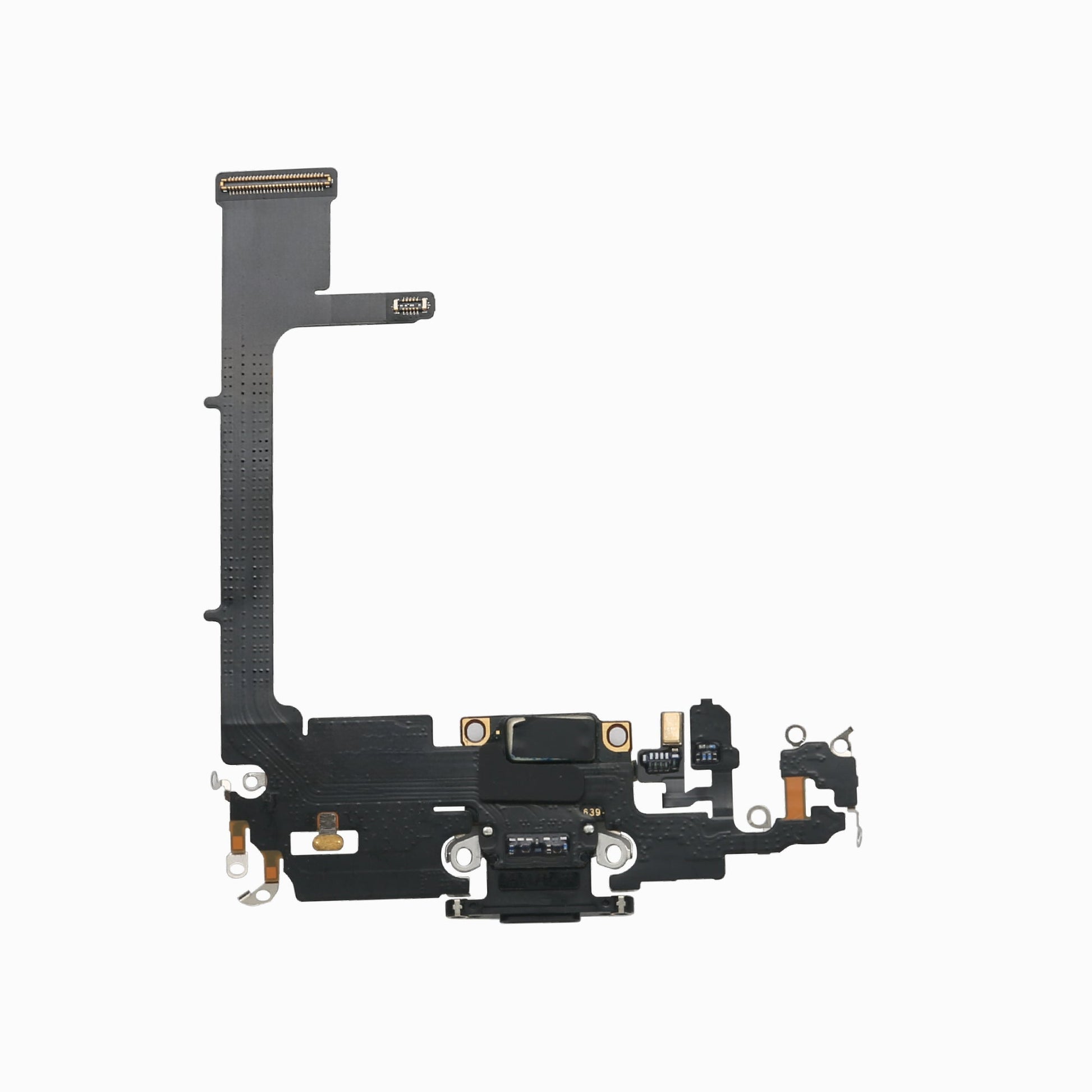 Back view of black iPhone 11 Pro charging port flex cable showing dock connector and long flex ribbon