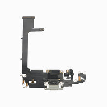 Back view of white iPhone 11 Pro charging port flex cable showing Lightning connector and flex ribbon