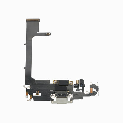 Back view of white iPhone 11 Pro charging port flex cable showing Lightning connector and flex ribbon
