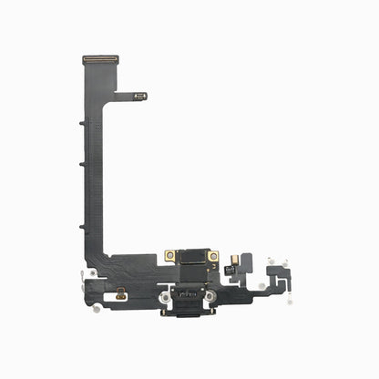 Back view of black iPhone 11 Pro Max charging port flex cable showing dock connector and long flex ribbon