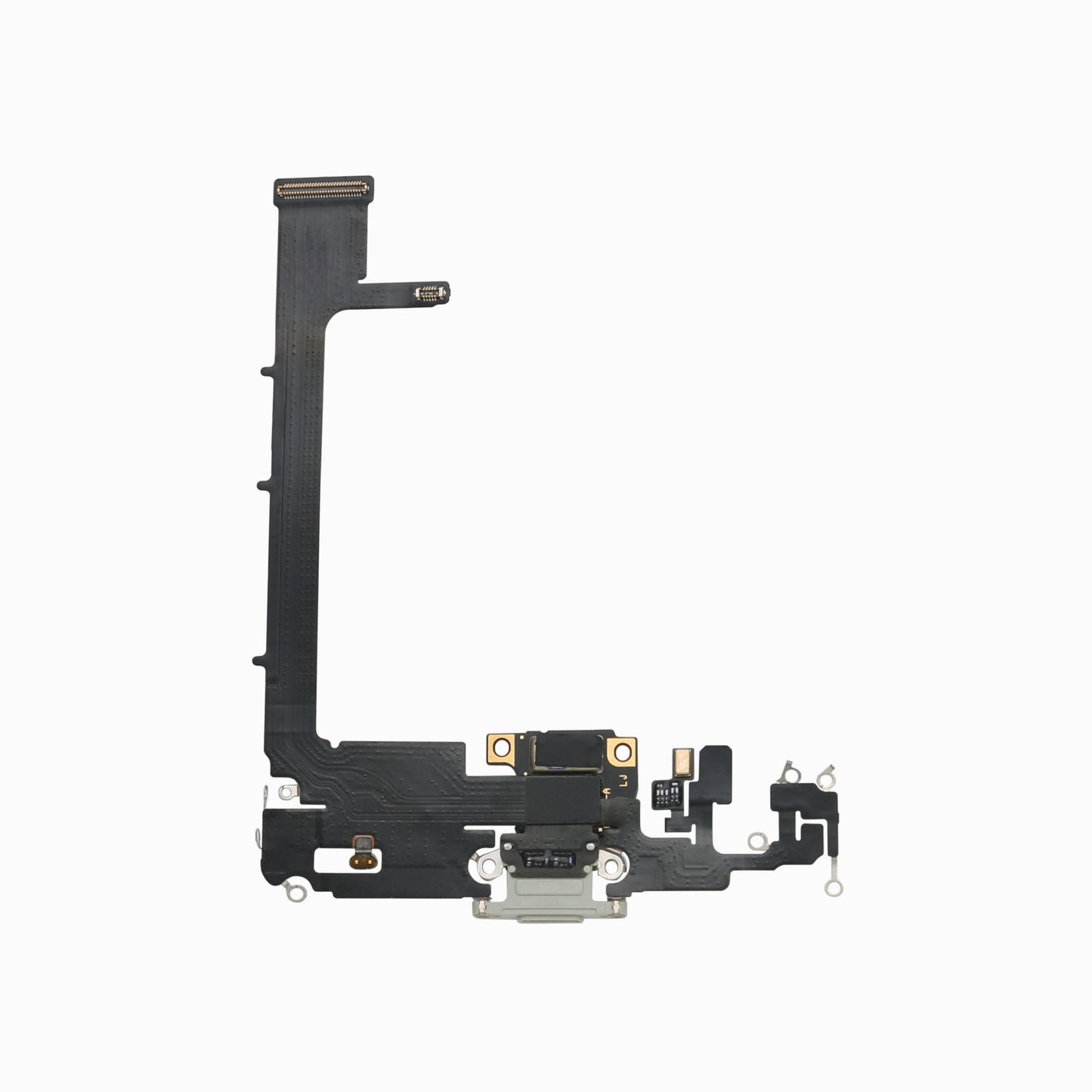 Back view of white iPhone 11 Pro Max charging port flex cable showing Lightning connector and flex ribbon
