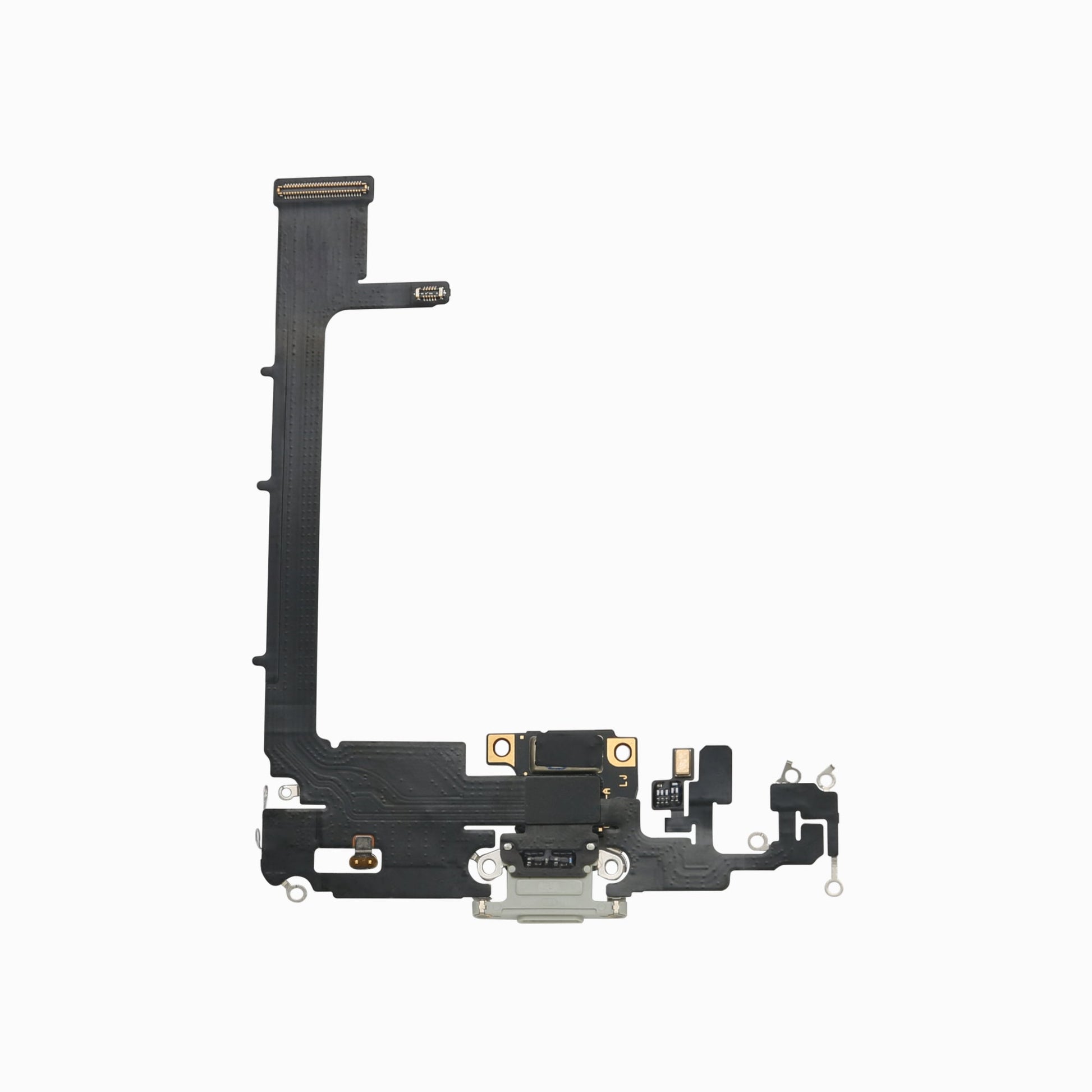 Back view of white iPhone 11 Pro Max charging port flex cable showing Lightning connector and flex ribbon
