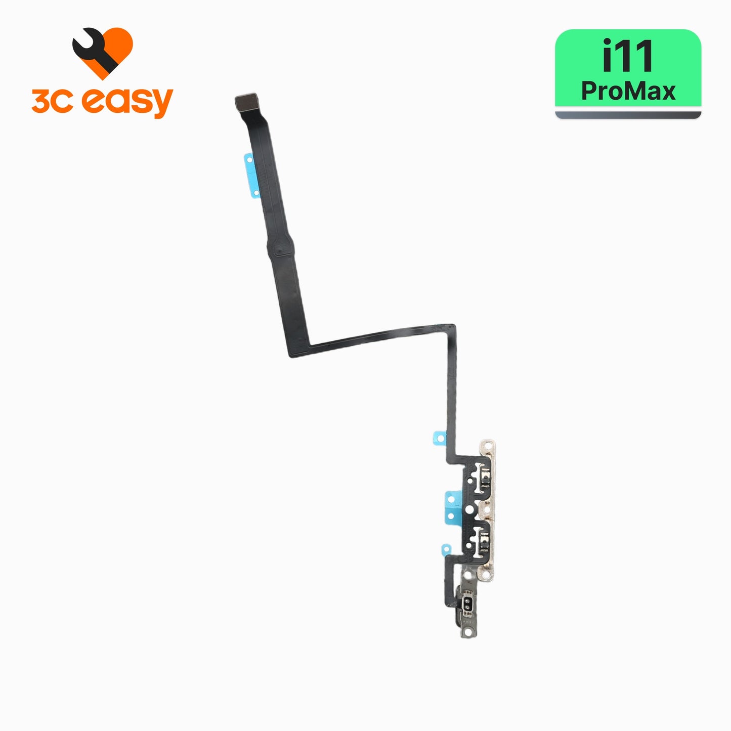 iPhone 11 Pro Max volume button flex cable with metal brackets, 3C EASY replacement part on brand card