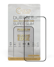 Casper tempered glass screen protector with black silicone edge for iPhone 12 Mini, gold and white retail packaging