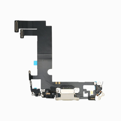 Reverse side of white iPhone 12 mini charging port flex cable showing board connectors