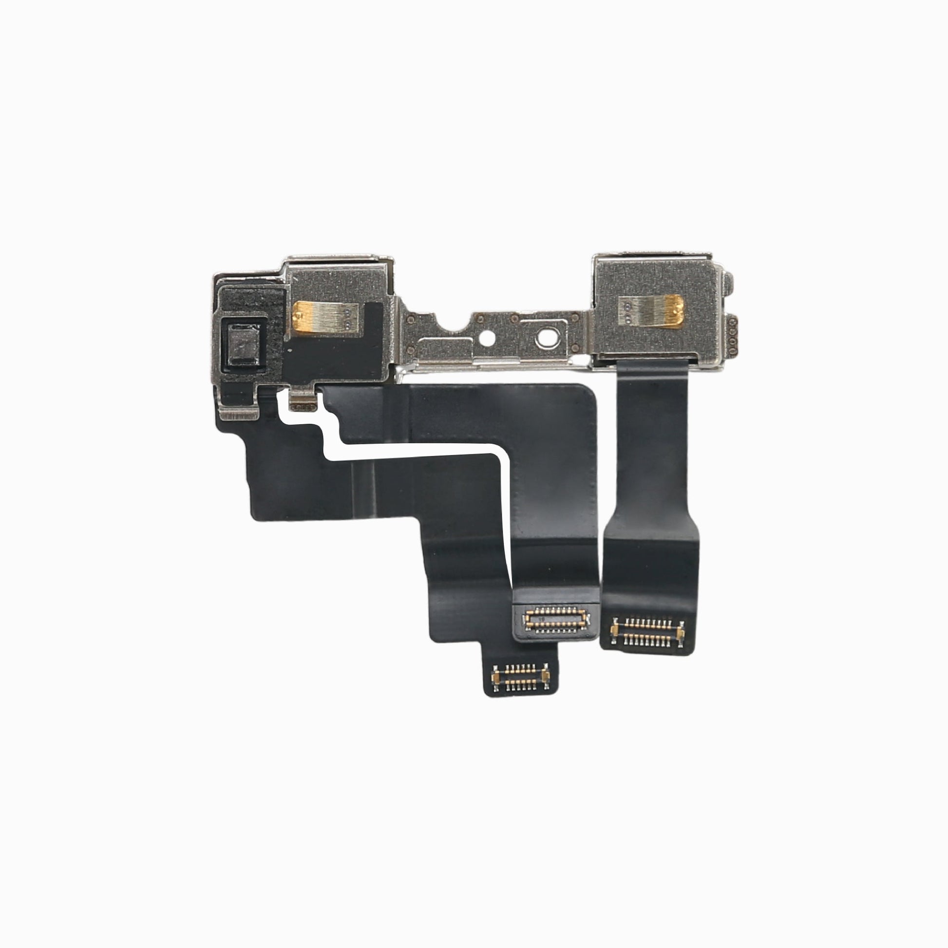 Back of iPhone 12 mini front camera flex assembly showing shielded modules and connectors