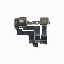 Back of iPhone 12 mini front camera flex assembly showing shielded modules and connectors