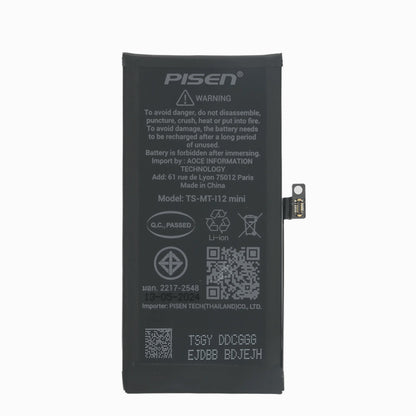 PISEN replacement battery for iPhone 12 mini, back view showing safety warning and certification marks
