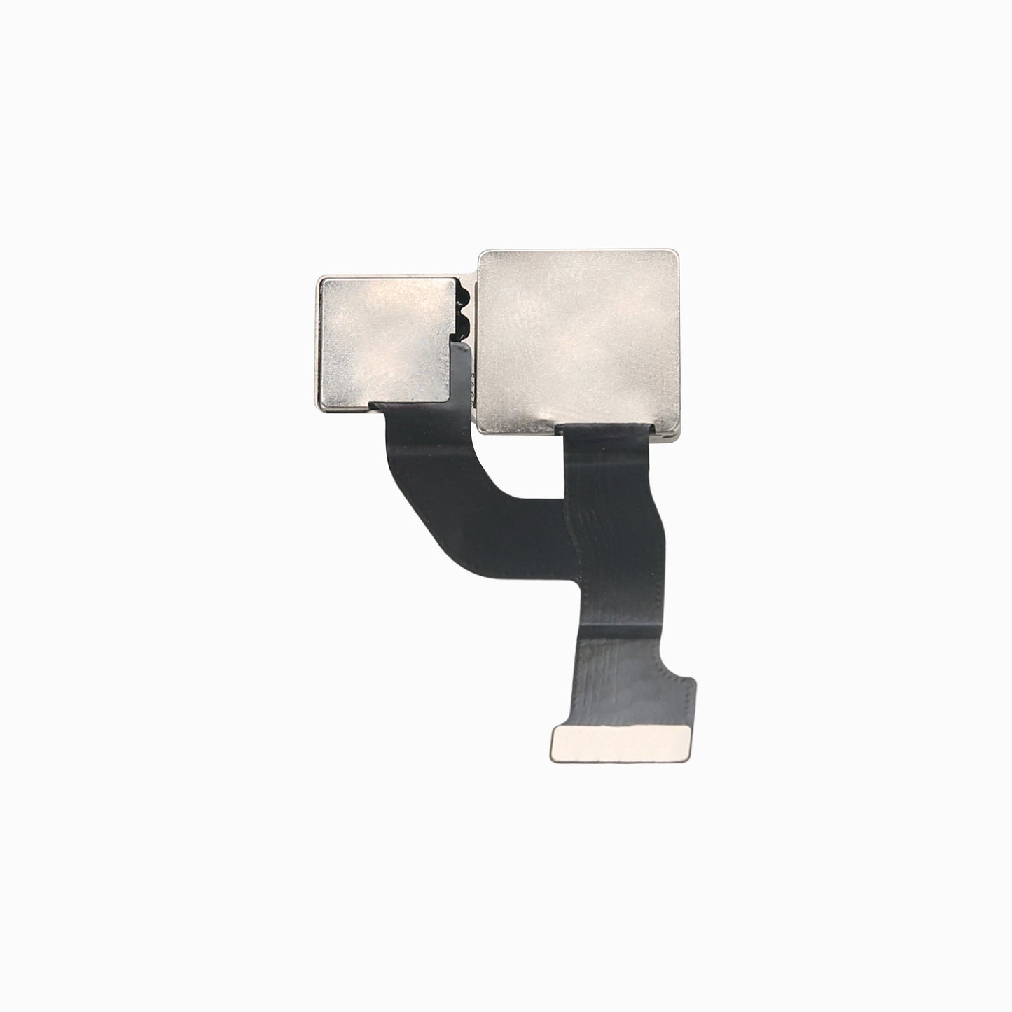 Back of iPhone 12 rear camera module showing metal shielding and flex ribbon connector