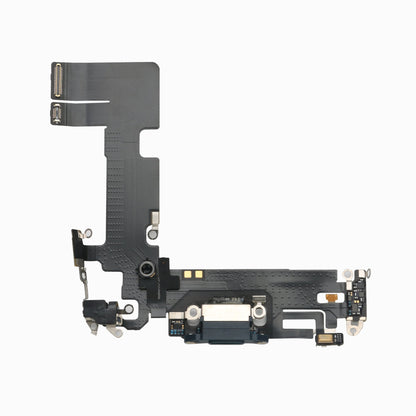 Reverse side of black iPhone 13 charging port flex cable showing Lightning connector and board connectors