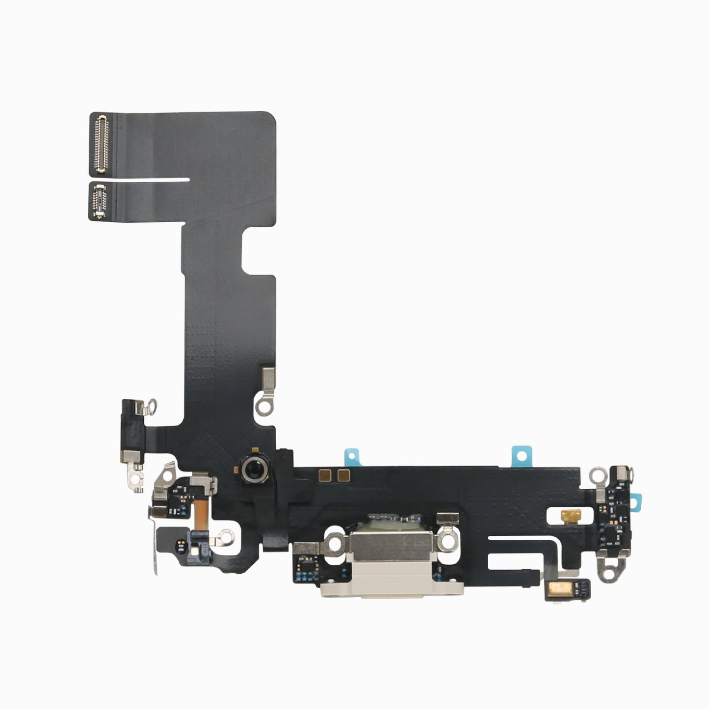 Reverse side of white iPhone 13 charging port flex cable showing Lightning connector and microphone
