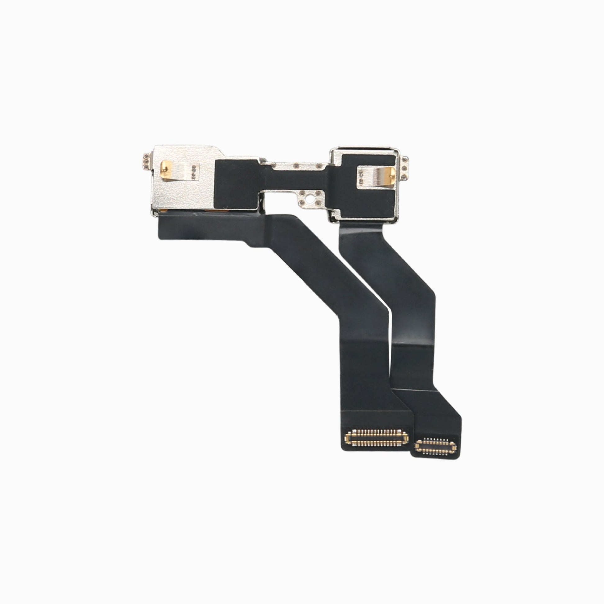Back of iPhone 13 front camera flex assembly showing metal shields and board connectors