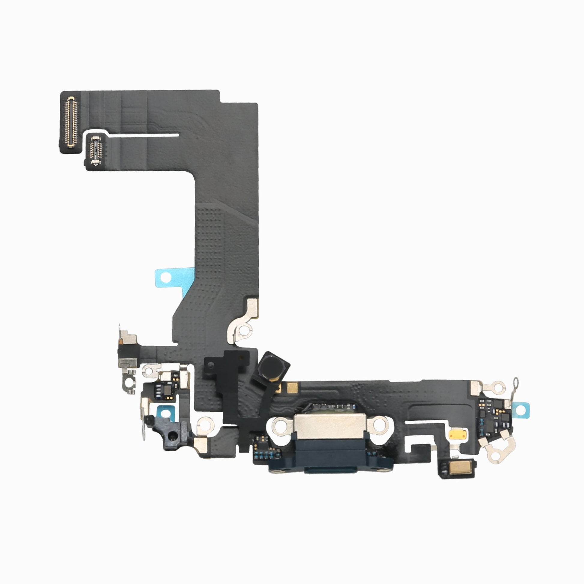 Black iPhone 13 mini charging port flex cable, back view showing board connectors